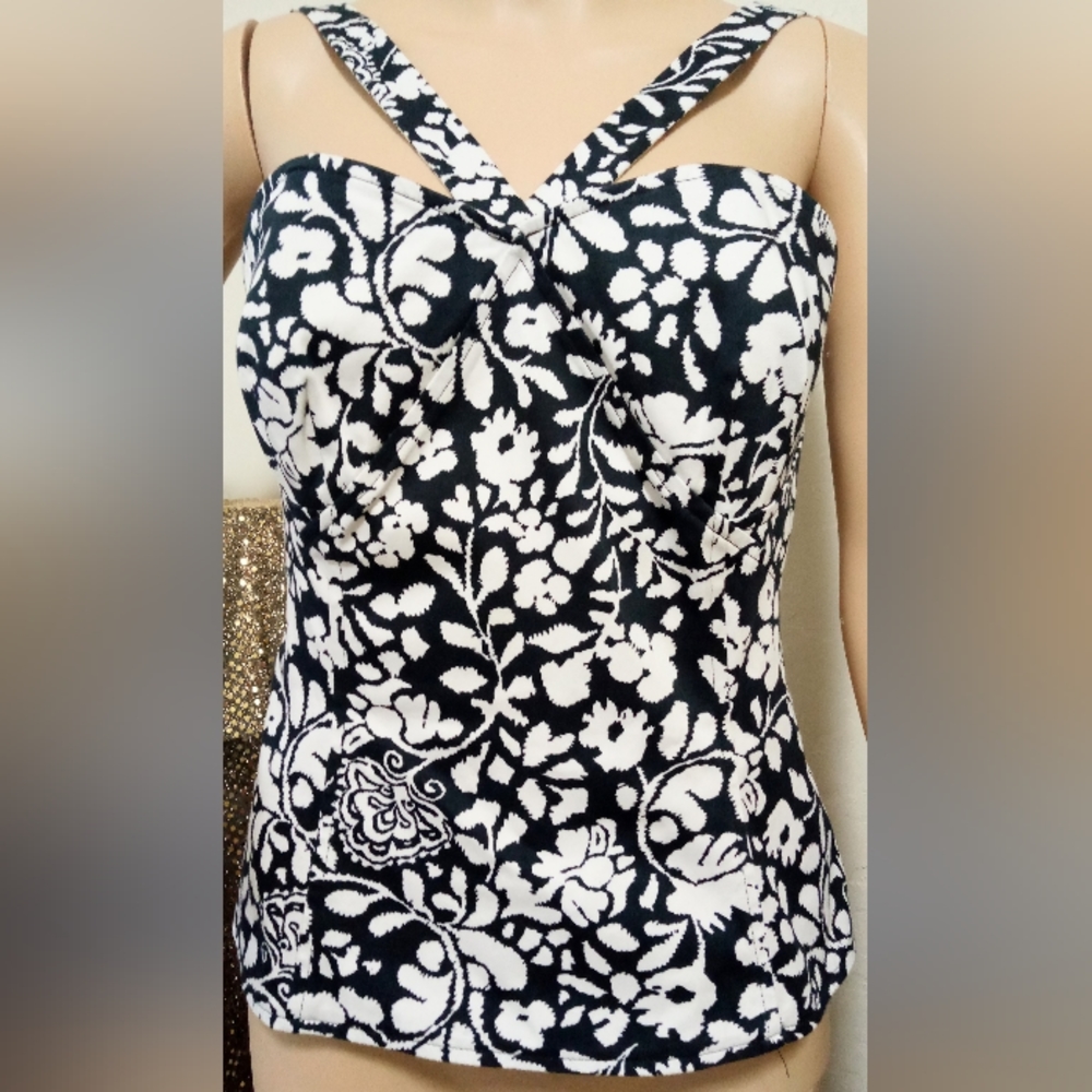 White House Black Market Black and White Bustier Style Halter Top
